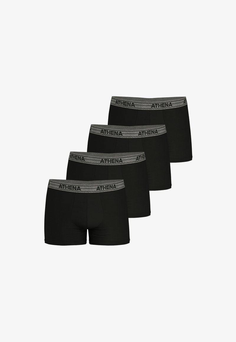 Boxer shorts en coton noir avec une ceinture élastique grise portant le texte "ATHENA" en noir. Vendu par lot de quatre.
