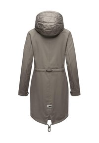 Long, lightweight gray coat with a quilted hood, drawstring waist, and buttoned cuffs. Features a rear vent and branded detail at the hem.