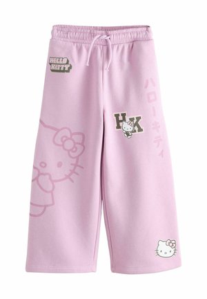 Šviesiai violetinės plačiomis kojomis kelnės su elastine juosmens dalimi, „Hello Kitty“ grafika, tekstas „HK“ ir „Hello Kitty“ anglų ir japonų kalbomis.