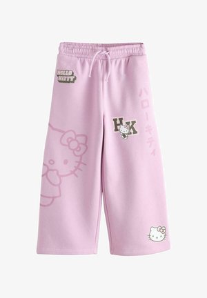 Šviesiai violetinės plačiomis kojomis kelnės su elastine juosmens dalimi, „Hello Kitty“ grafika, tekstas „HK“ ir „Hello Kitty“ anglų ir japonų kalbomis.
