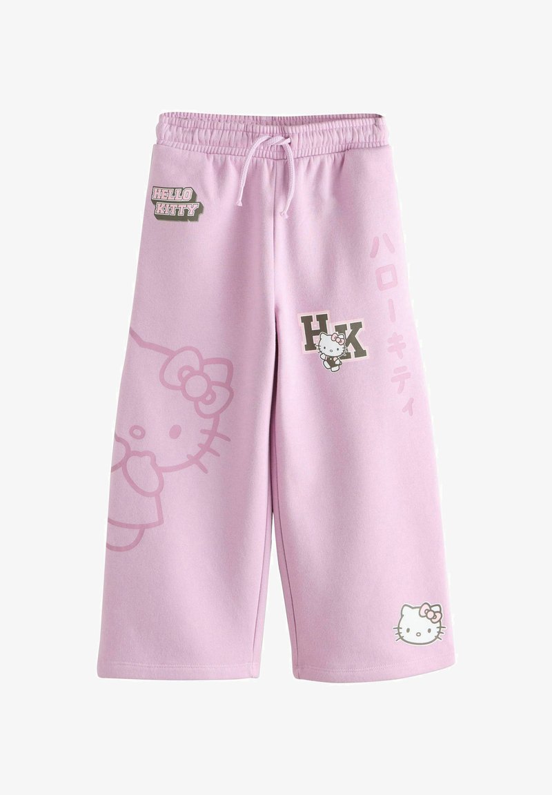 Pantalon large violet clair avec taille élastique, motifs Hello Kitty, texte « HK » et « Hello Kitty » en anglais et en japonais.