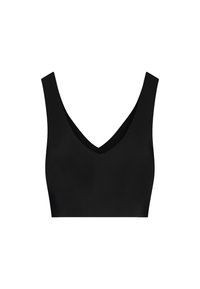Reggiseno nero senza cuciture con design a V profonda, spalline larghe e superficie liscia. Stile versatile adatto per il layering o per un look casual.