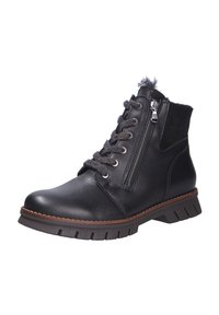 Schwarze Leder-Stiefelette mit strukturierten Wildlederakzenten, metallischem Reißverschluss und geflochtenen Schnürsenkeln. Robuste Sohle mit ausgeprägtem Profil.