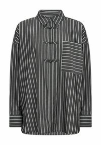 Black and gray striped shirt with a collar, toggle closures, and a chest pocket featuring horizontal stripes. Soft fabric with a loose fit.