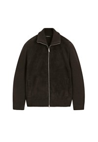 Brązowa skórzana kurtka z zamszu z prążkowanymi rękawami i kołnierzem, z zamkiem z przodu i dwiema bocznymi kieszeniami. Gładka faktura na całej powierzchni.