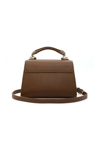 Borsa a tracolla in pelle marrone con forma strutturata, manico superiore, tracolla regolabile, dettagli in metallo dorato e chiusura con pattina frontale.