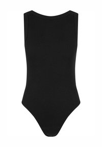 Črn rebrast bodysuit z okroglo izrezom in brezrokavnim dizajnom. Ima tangice in gladko teksturo skozi celotno oblačilo.