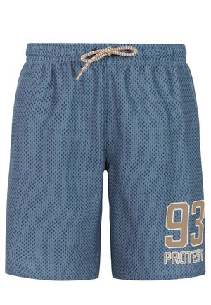 Short en tissu maille bleu avec cordon beige et « 93 Protest » imprimé sur la partie inférieure de la jambe droite.