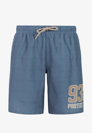 Blaue Mesh-Shorts mit beiger Kordel und "93 Protest" Aufdruck am unteren rechten Bein.