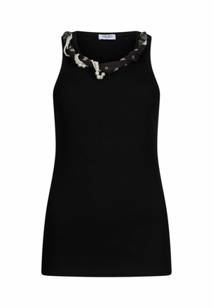 Débardeur noir côtelé avec un col en tissu torsadé noir et blanc orné de perles. Design simple et ajusté.