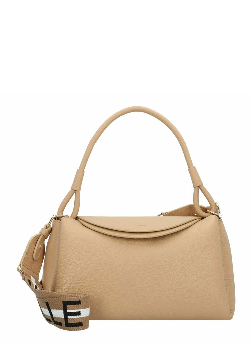 Beige leren handtas met een gestructureerde vorm, dubbele handvatten en een afneembare schouderriem met een geprint accent.