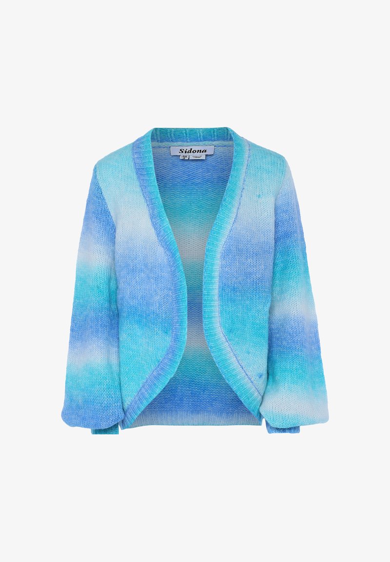 Sininen ombre-neulecardigan, joka on valmistettu pehmeästä neulemateriaalista. Ominaisuuksiin kuuluu väljä malli, avonainen etufossi, leveät hihat ja sileä pinta.