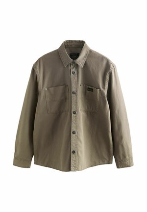 Button-up shirt in olive green, made of cotton. Features two chest pockets, front buttons, and a classic collar with a smooth texture.