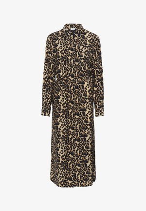 Leopardprint skjortekjole i beige og sort, med krave, lange ærmer, en taljebind og en lige skæring. Struktureret stof med knappelukning.