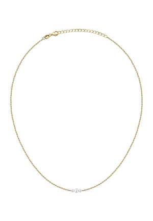 Collier délicat en chaîne d'or avec trois petites perles blanches au centre et un fermoir mousqueton avec des maillons d'extension.