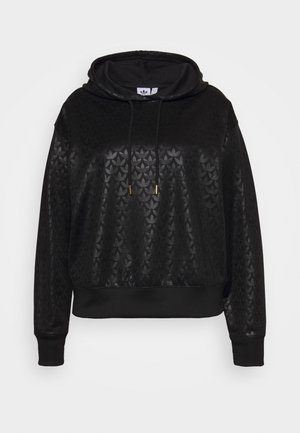 Zwarte hoodie met subtiel all-over tonale Adidas trefoil logopatroon, voorste trekkoorden met gouden uiteinden en geribbelde boorden en zoom.