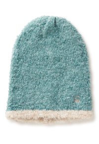 Tyrkysová pletená čepice s měkkou, huňatou strukturou. Krémový lem jako akcent. Diskrétní branding na straně. Klasický tvar čepice.
