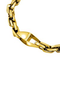 Goldfarbener Metallkette mit ineinandergreifenden Gliedern und einem markanten Verschluss in dreieckiger Form mit glatter, glänzender Oberfläche.