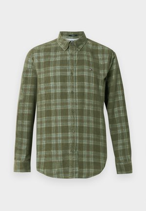 Žalio plaido marškiniai, pagaminti iš minkštos medžiagos, su sagčių apykakle, turintys šviesiai mėlynų akcentų ir mažą logotipą krūtinėje.