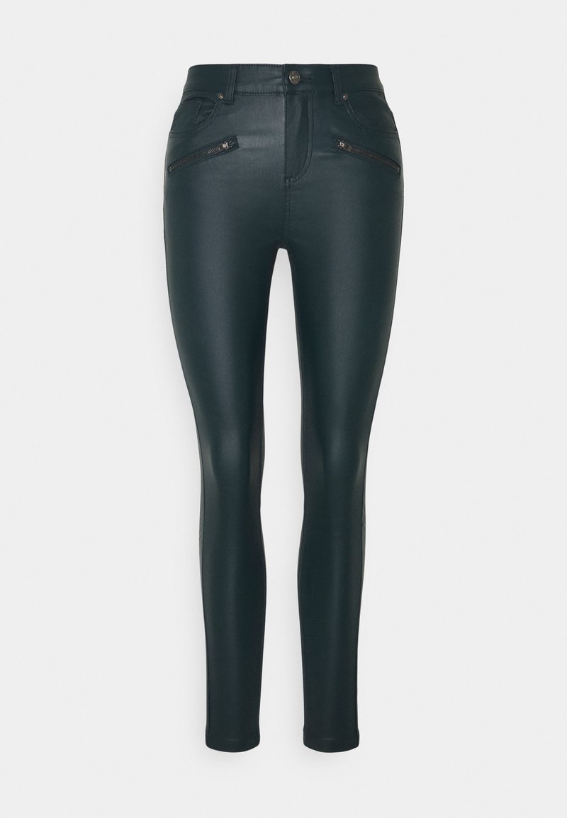 Leggings noirs et brillants avec une texture lisse, taille haute, et poches avant zippées. Coupe ajustée s'étendant jusqu'à la cheville.
