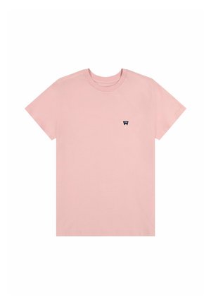 Lichtroze katoen T-shirt met korte mouwen, ronde halslijn en een klein marineblauw logo op de linkerkant van de borst. Glad textuur, reguliere pasvorm.