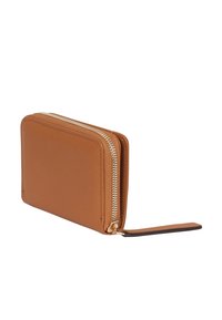 Brown leather zip wallet with a rectangular shape, smooth texture, gold zipper, and a small wrist strap for easy handling.