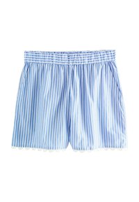Pantaloni corti a righe blu e bianche con vita elastica, dotati di tasche laterali e dettaglio a bordo ondulato. Realizzati in tessuto leggero.