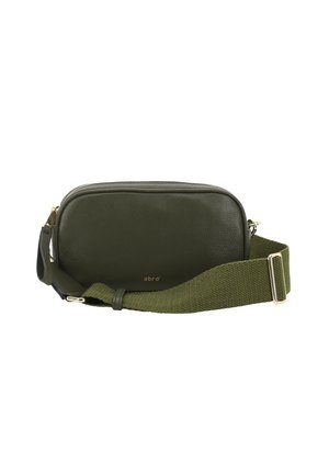 Dunkelgrüne rechteckige Leder-Crossbody-Tasche mit texturiertem, verstellbarem Riemen und goldfarbener Reißverschluss- und Hardware.