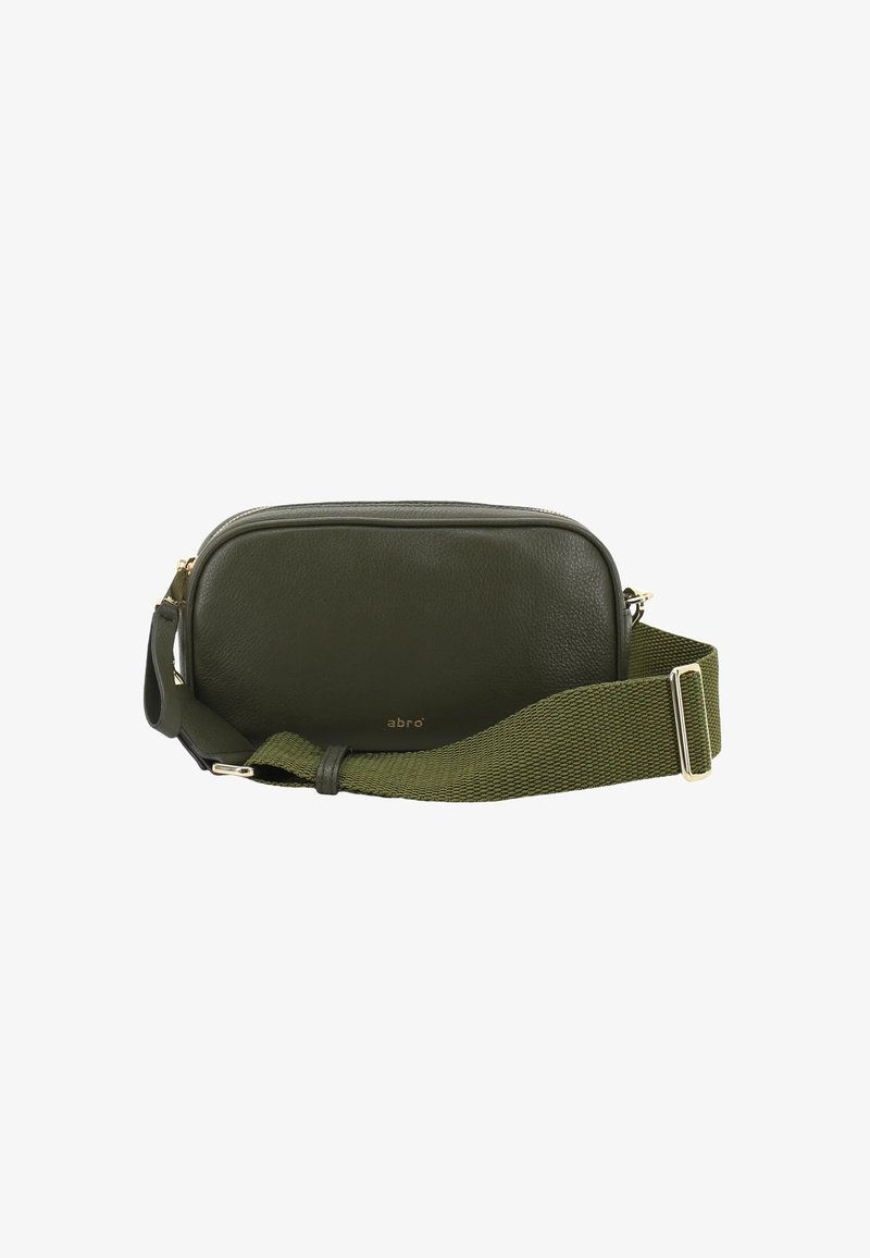 Dark green rectangular leather crossbody bag with textured fabric adjustable strap and gold-tone zipper and hardware.