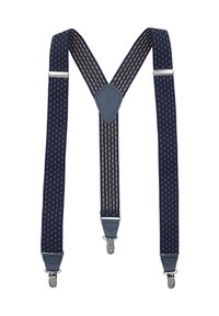 Granatowe szelki z wzorzystym materiałem, z centralnie umieszczoną szaro skórzaną łatą, regulowanymi klipsami i elastycznymi paskami zapewniającymi pewne dopasowanie.