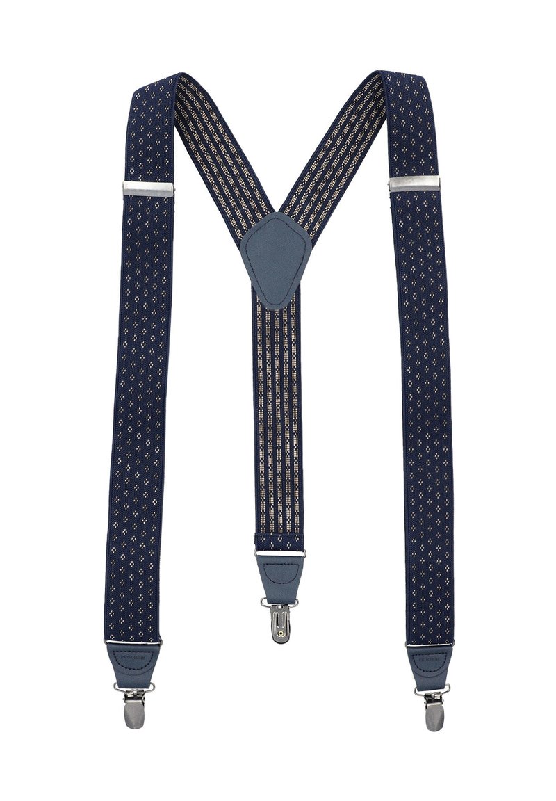 Granatowe szelki z wzorzystym materiałem, z centralnie umieszczoną szaro skórzaną łatą, regulowanymi klipsami i elastycznymi paskami zapewniającymi pewne dopasowanie.