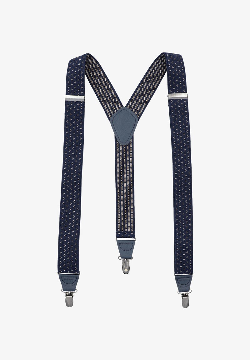 Granatowe szelki z wzorzystym materiałem, z centralnie umieszczoną szaro skórzaną łatą, regulowanymi klipsami i elastycznymi paskami zapewniającymi pewne dopasowanie.