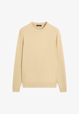 Pull beige à manches longues et col rond avec poignets, ourlet et encolure côtelés, présenté à plat sur un fond blanc.