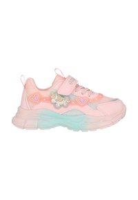 Pink børnesneaker med enhjørning- og hjertedesign, meshpaneler, velcrolukning og lyseblåt gradient sål.