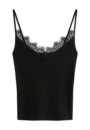 Sort ribbet ærmeløs top med tynde stropper og en bølget blondekant langs V-udskæringen.