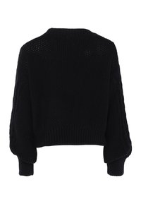 Pulover negru tricotat cu un design scurt, având mâneci late, un model texturat și o margine cu nervuri. Secțiuni de tricotare deschisă pe spate.