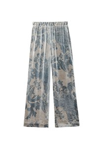 Pantaloni a gamba larga con motivo floreale, realizzati in morbido velluto, caratterizzati da una combinazione di colori blu e grigio con vita elasticizzata.