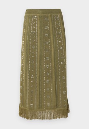 Gonna midi in maglia verde oliva con motivi floreali e geometrici verticali e rifinitura con frange all'orlo.