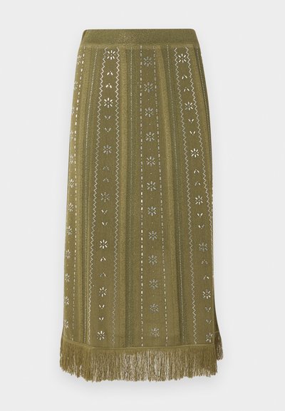 Πλεκτή midi φούστα σε ελιά πράσινο με κάθετα λουλουδένια και γεωμετρικά σχέδια και φρατζόλες στο τελείωμα.