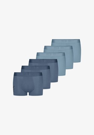 Set of six boxers in varying shades of blue. Made from soft fabric, featuring elastic waistbands with branding. One pair has a front fly.