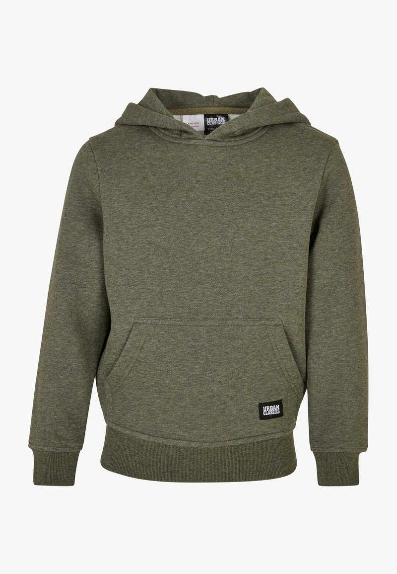 Sweat à capuche vert olive avec poche kangourou à l'avant et étiquette "Urban Classics" sur la poche, poignets et ourlet côtelés