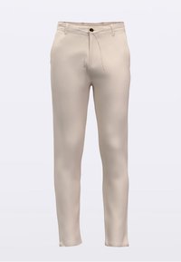 Beige színű, deréknál megkötős, szabott nadrág elöl gombos záródással, egyenes szárú, sima és könnyű anyagból.