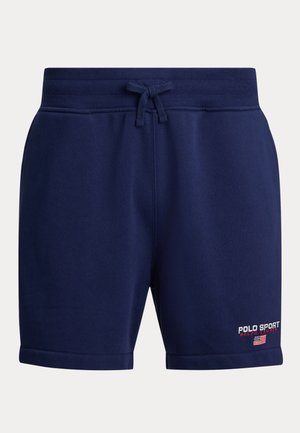 Marineblå shorts med elastisk midjebånd og snor. Har "POLO SPORT"-logo brodert i rødt og hvitt på underbenet.