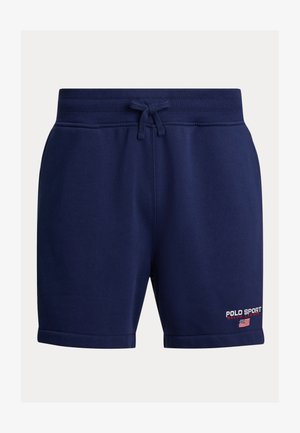 Tumši zili šorti ar elastīgu jostu un auklu. Uz apakšējās kājas redzams "POLO SPORT" logo izšūts sarkanā un baltā krāsā.