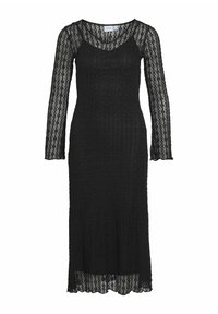 Melnas mežģīņu maxi kleita ar garām piedurknēm, apaļu izgriezumu un strukturētu rakstu. Pieguļošs siluets nedaudz paplašinās pie apakšas.