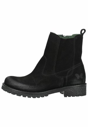 Black suede ankle boot with rugged sole, side zipper, pull tab at the back, and subtle butterfly logo near the heel.