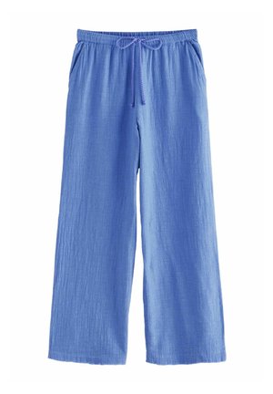Pantaloni casual a gamba larga blu con vita elastica e coulisse, dotati di tasche laterali e tessuto strutturato.
