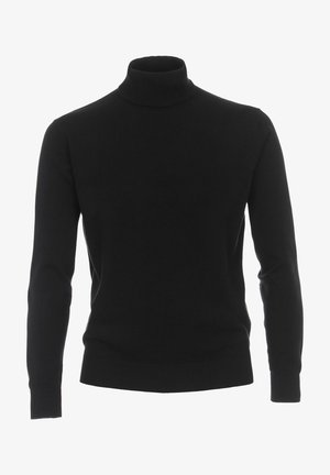 Sort turtleneck sweater lavet af glat strikstof, med lange ærmer og ribbede manchetter og kant for en tætsiddende design.