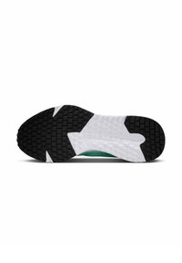 Semelle extérieure en caoutchouc noir avec un motif de crans, intercalaires blancs et tige verte. Détails remarquables incluent une texture lisse et une forme arrondie.