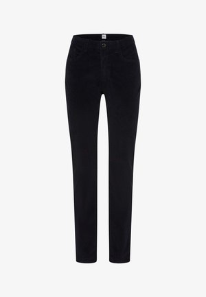 Schwarze Cordhosen mit geradem Schnitt, ausgestattet mit Fronttaschen, einem Reißverschluss und einem runden Metallknopf. Glatte Textur und einheitliche Farbe.